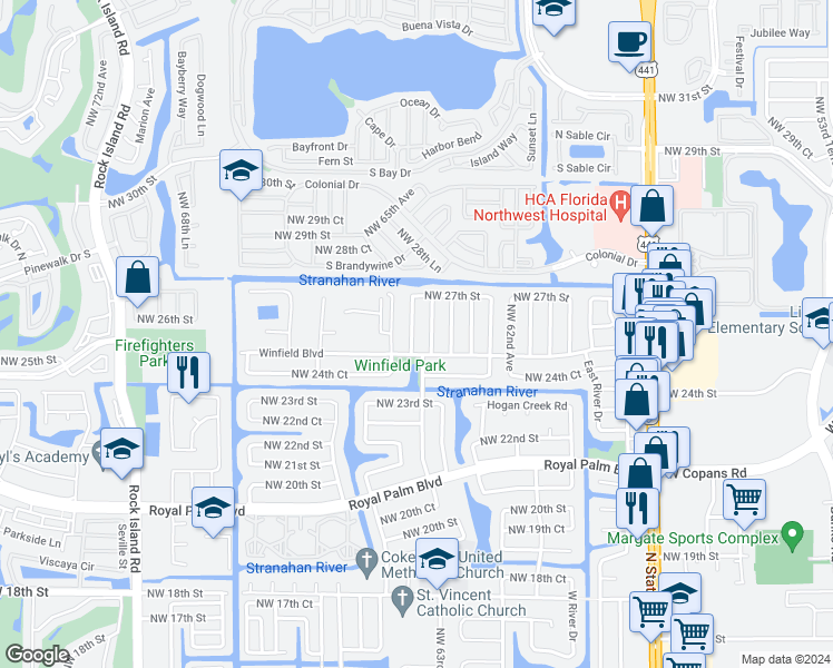 map of restaurants, bars, coffee shops, grocery stores, and more near 2576 Northwest 64th Terrace in Margate