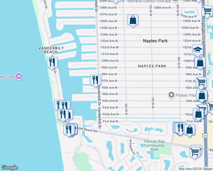 map of restaurants, bars, coffee shops, grocery stores, and more near 521 96th Avenue North in Naples