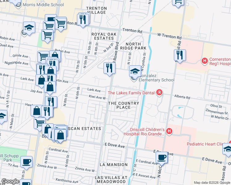 map of restaurants, bars, coffee shops, grocery stores, and more near 6417 North 1st Lane in McAllen
