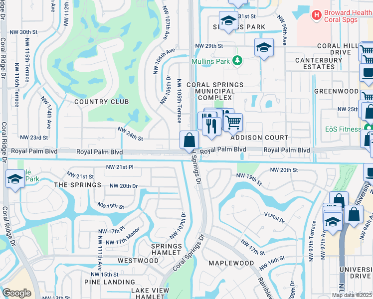 map of restaurants, bars, coffee shops, grocery stores, and more near 2300 Coral Springs Drive in Coral Springs