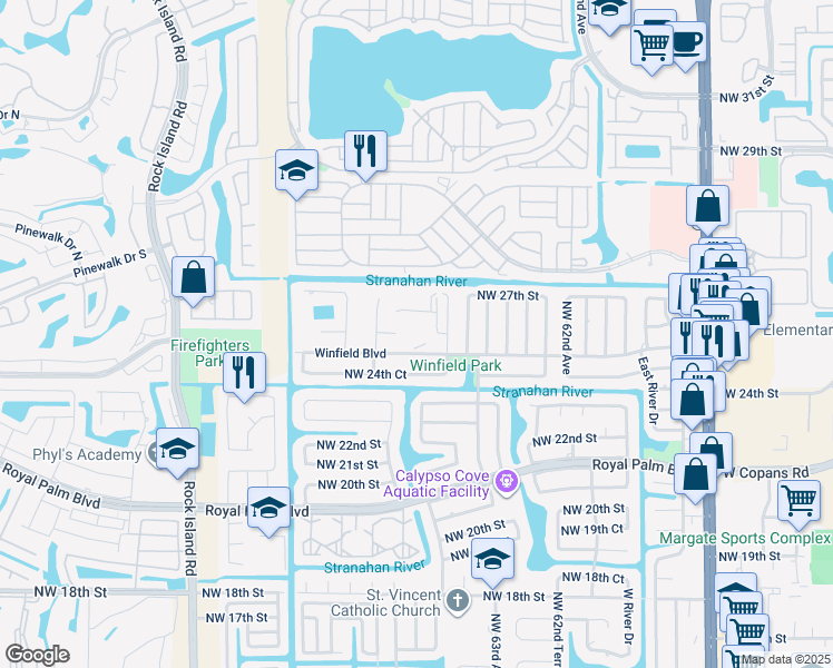 map of restaurants, bars, coffee shops, grocery stores, and more near 6501 Winfield Boulevard in Margate