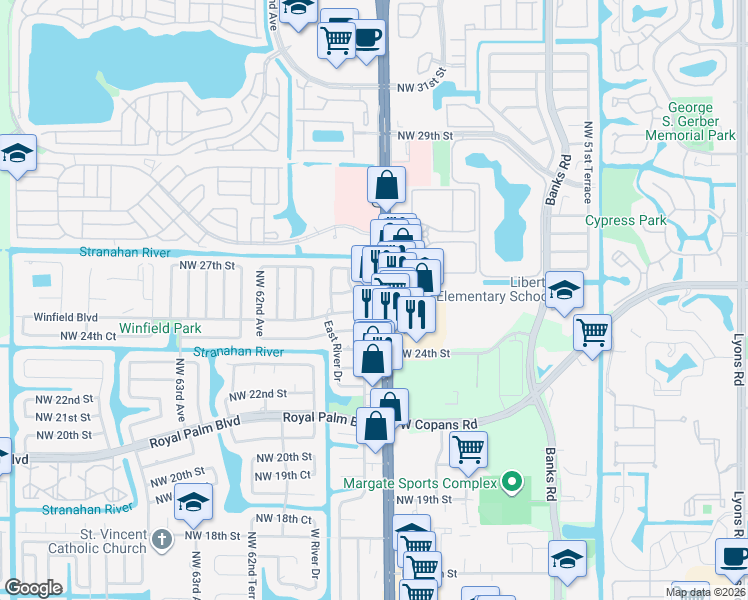 map of restaurants, bars, coffee shops, grocery stores, and more near 2501 Florida 7 in Margate
