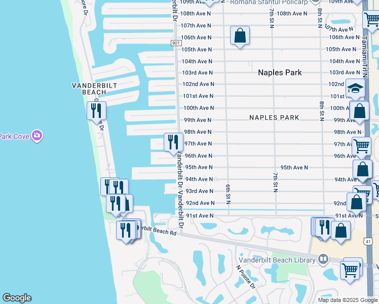 map of restaurants, bars, coffee shops, grocery stores, and more near 525 96th Avenue North in Naples
