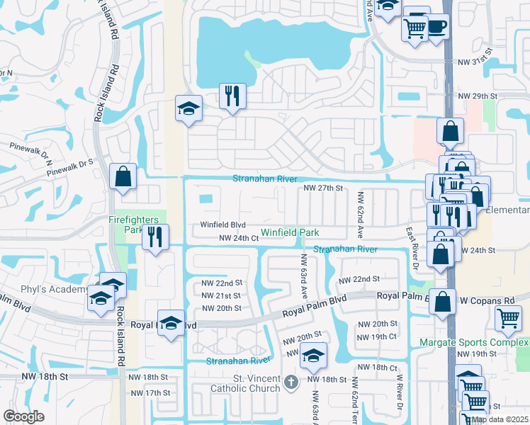 map of restaurants, bars, coffee shops, grocery stores, and more near 6505 Winfield Boulevard in Margate