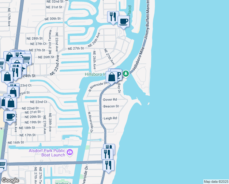 map of restaurants, bars, coffee shops, grocery stores, and more near 3421 Norfolk Street in Pompano Beach