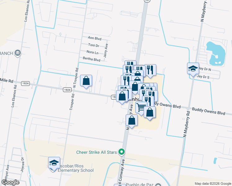 map of restaurants, bars, coffee shops, grocery stores, and more near 200 West Mile 3 Road in Palmhurst