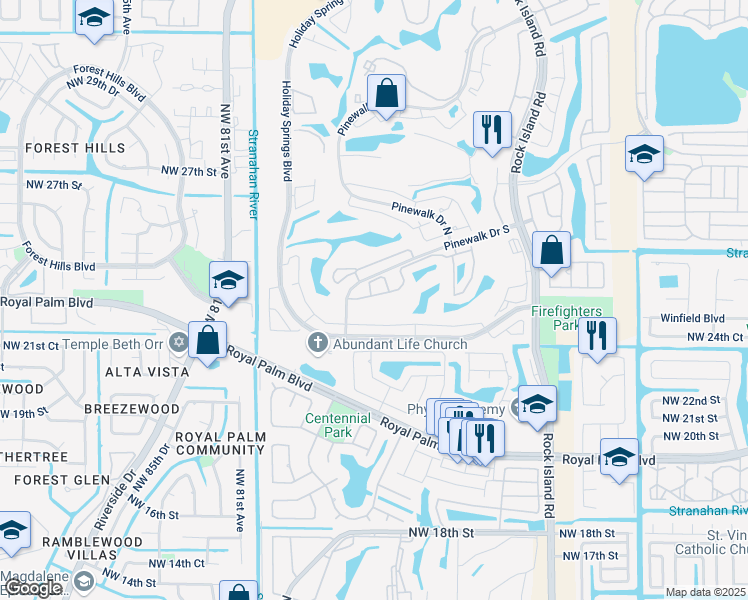 map of restaurants, bars, coffee shops, grocery stores, and more near 7612 Pinewalk Drive South in Margate