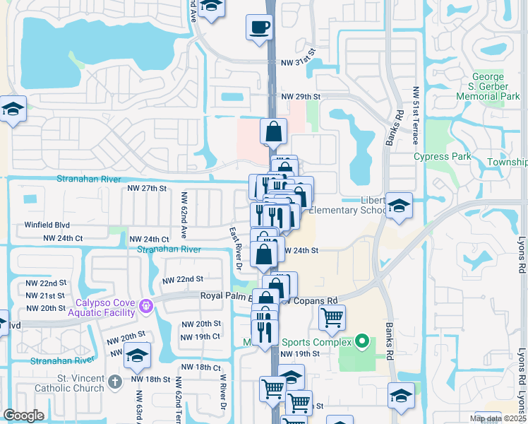 map of restaurants, bars, coffee shops, grocery stores, and more near 2501 Florida 7 in Margate