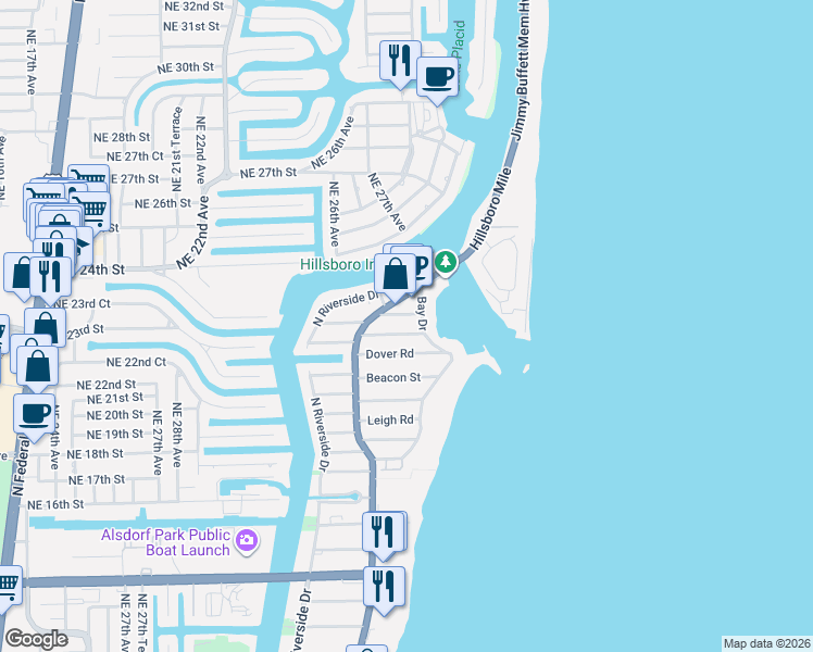 map of restaurants, bars, coffee shops, grocery stores, and more near 3421 Norfolk Street in Pompano Beach