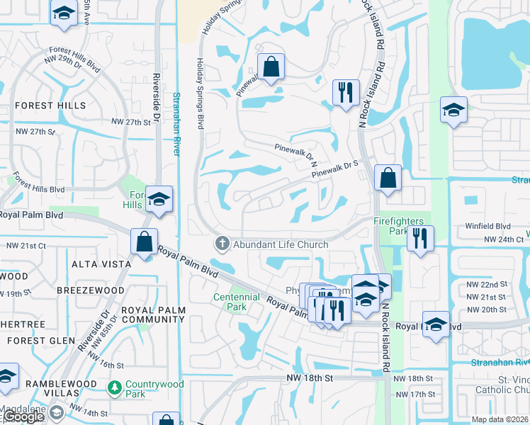 map of restaurants, bars, coffee shops, grocery stores, and more near 7608 Pinewalk Drive South in Margate