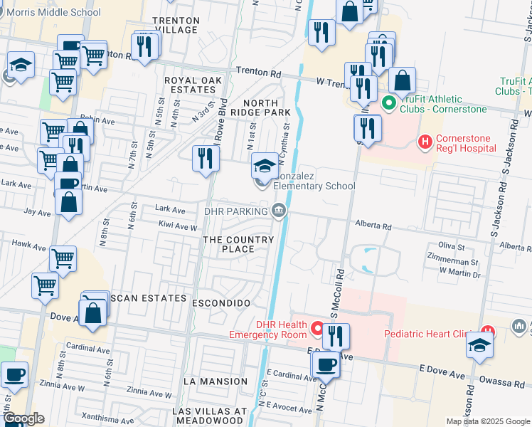 map of restaurants, bars, coffee shops, grocery stores, and more near 217 East Lark Avenue in McAllen