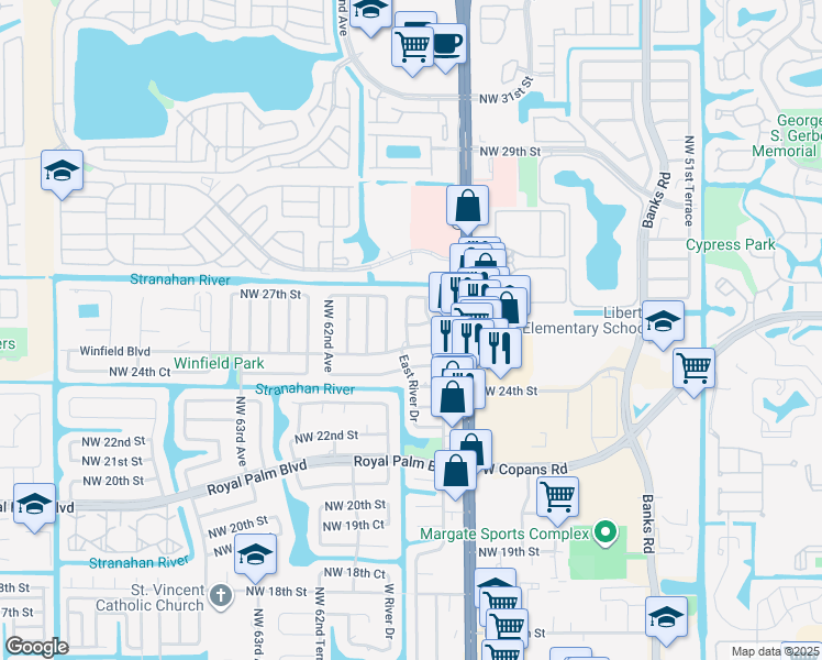 map of restaurants, bars, coffee shops, grocery stores, and more near 5787 Winfield Boulevard in Margate