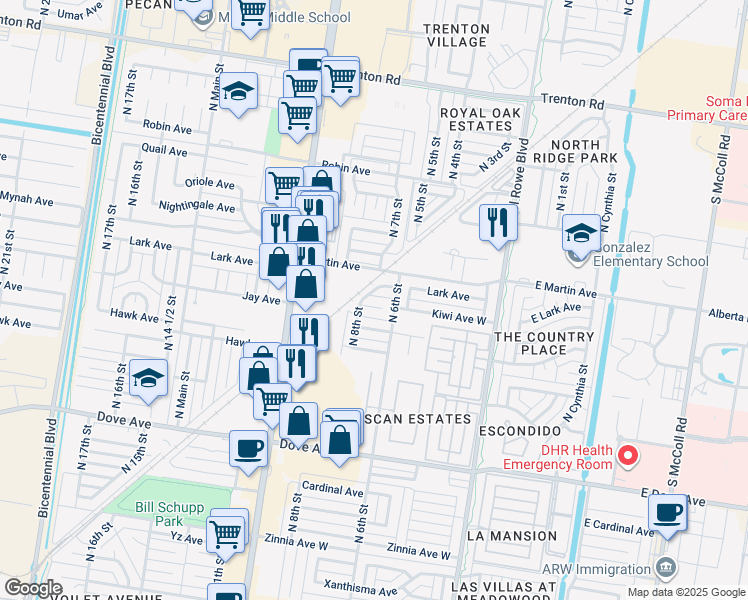 map of restaurants, bars, coffee shops, grocery stores, and more near 704 Kiwi Avenue in McAllen