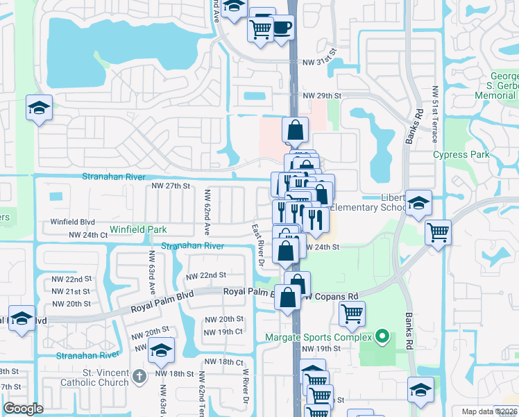 map of restaurants, bars, coffee shops, grocery stores, and more near 5787 Winfield Boulevard in Margate