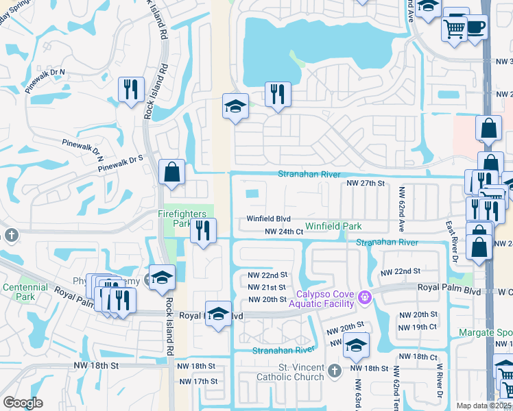map of restaurants, bars, coffee shops, grocery stores, and more near 2510 Northwest 67th Terrace in Margate