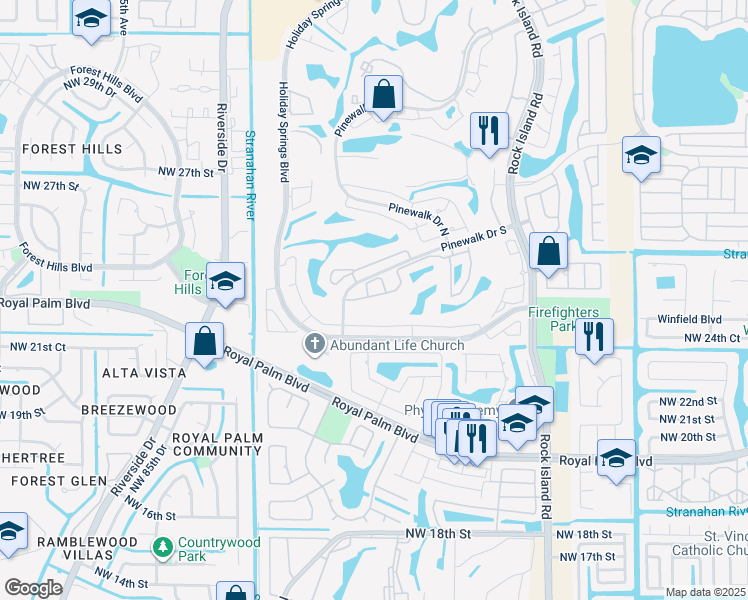 map of restaurants, bars, coffee shops, grocery stores, and more near 7612 Pinewalk Drive South in Margate