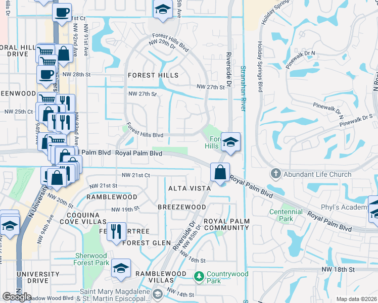 map of restaurants, bars, coffee shops, grocery stores, and more near 8601 Royal Palm Boulevard in Coral Springs