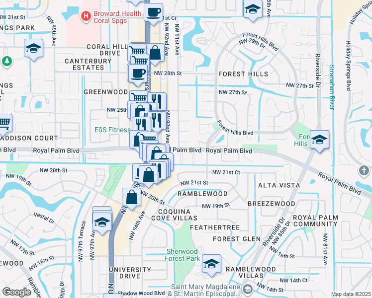 map of restaurants, bars, coffee shops, grocery stores, and more near 9024 Royal Palm Boulevard in Coral Springs