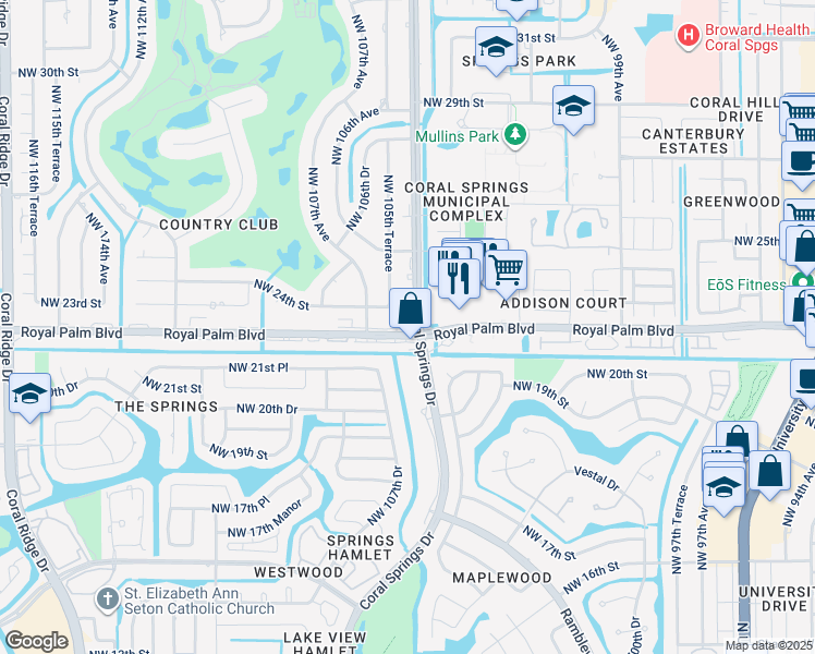 map of restaurants, bars, coffee shops, grocery stores, and more near 2300 Coral Springs Drive in Coral Springs