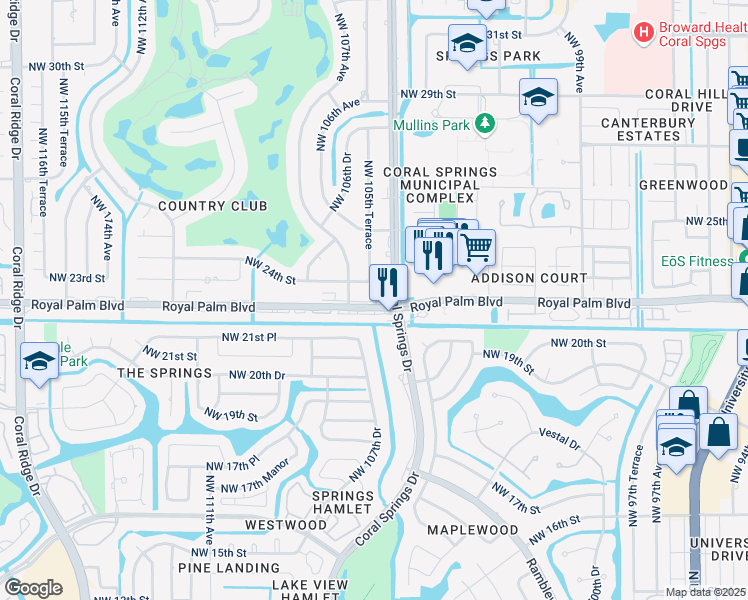 map of restaurants, bars, coffee shops, grocery stores, and more near 2300 Coral Springs Drive in Coral Springs