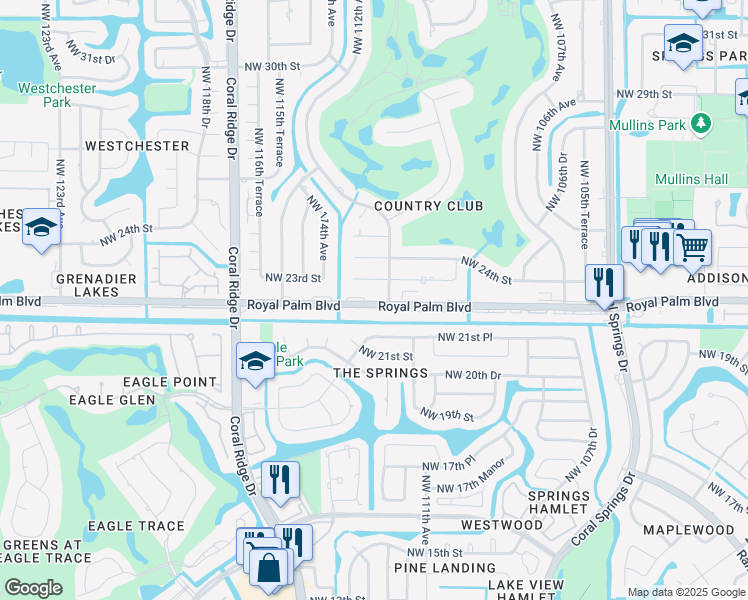 map of restaurants, bars, coffee shops, grocery stores, and more near 11340 Royal Palm Boulevard in Coral Springs