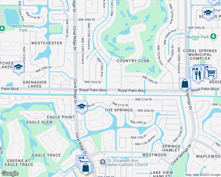 map of restaurants, bars, coffee shops, grocery stores, and more near 11340 Royal Palm Boulevard in Coral Springs