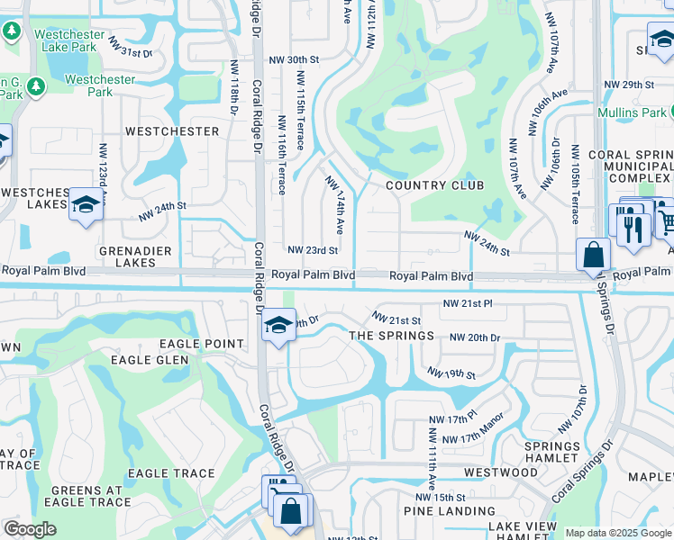 map of restaurants, bars, coffee shops, grocery stores, and more near 11417 Royal Palm Boulevard in Coral Springs