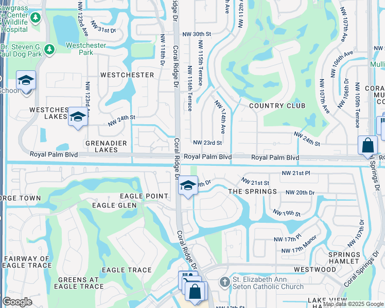 map of restaurants, bars, coffee shops, grocery stores, and more near 2291 Coral Ridge Drive in Coral Springs