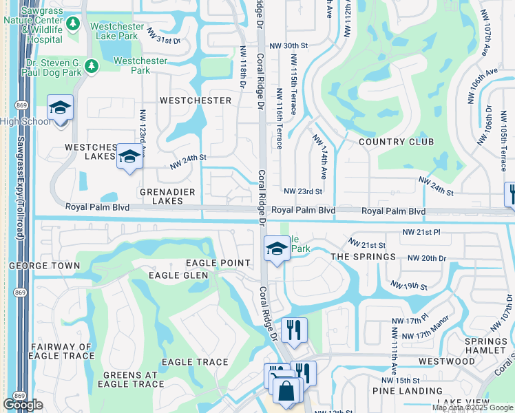 map of restaurants, bars, coffee shops, grocery stores, and more near 11724 Royal Palm Boulevard in Coral Springs