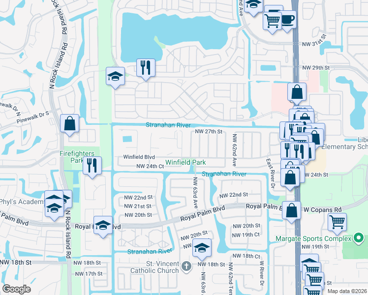 map of restaurants, bars, coffee shops, grocery stores, and more near 2551 Northwest 64th Terrace in Margate