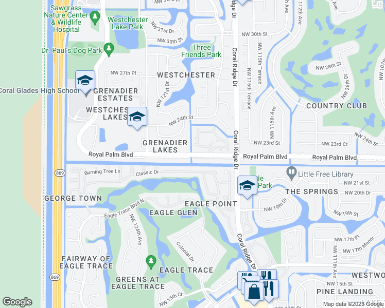 map of restaurants, bars, coffee shops, grocery stores, and more near 11865 Royal Palm Boulevard in Coral Springs