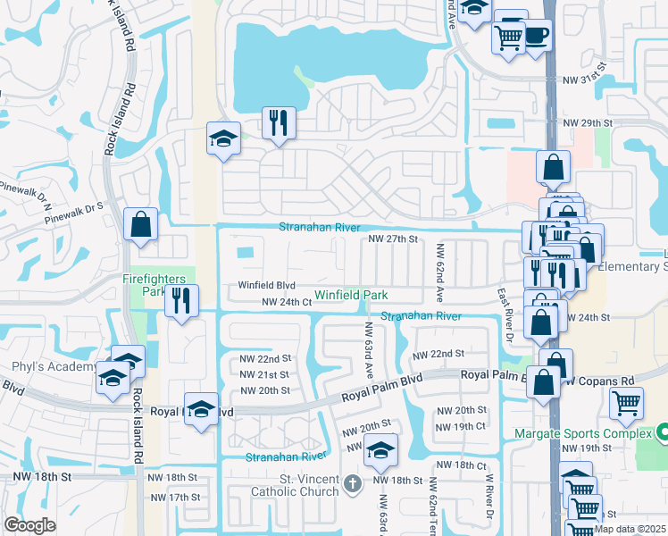 map of restaurants, bars, coffee shops, grocery stores, and more near 175 Winfield Boulevard in Margate