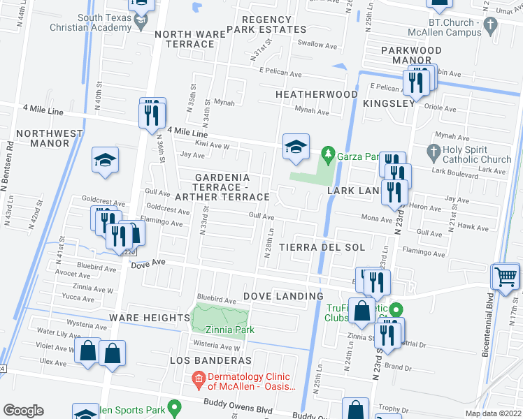 map of restaurants, bars, coffee shops, grocery stores, and more near 6004 North 29th Lane in McAllen