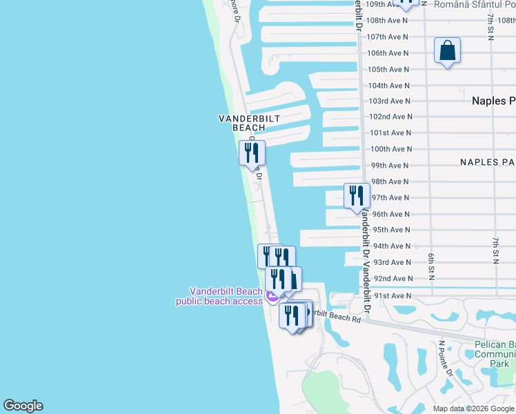 map of restaurants, bars, coffee shops, grocery stores, and more near 9653 Gulf Shore Drive in Naples