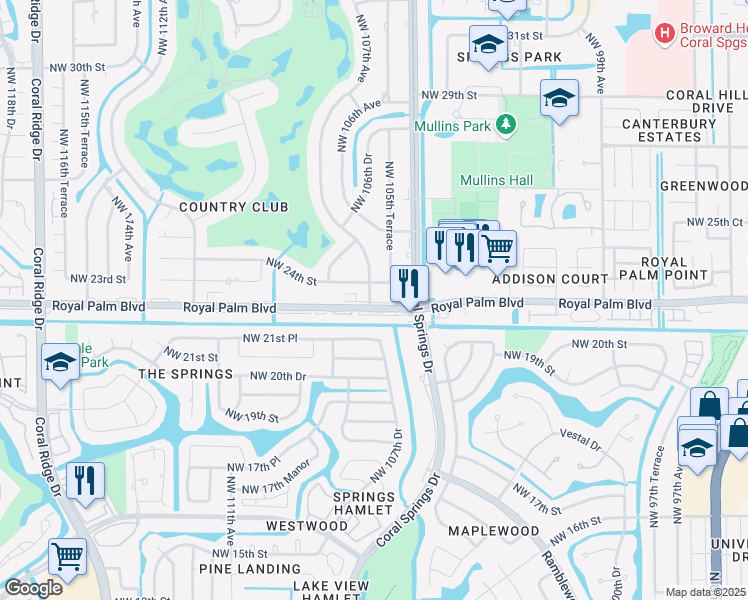 map of restaurants, bars, coffee shops, grocery stores, and more near 10601 Royal Palm Boulevard in Coral Springs