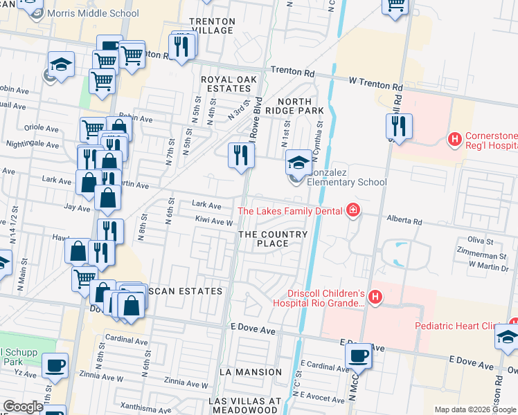 map of restaurants, bars, coffee shops, grocery stores, and more near 6417 North 1st Lane in McAllen