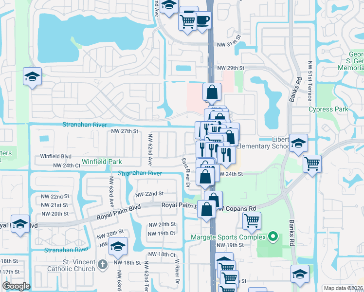 map of restaurants, bars, coffee shops, grocery stores, and more near 5787 Winfield Boulevard in Margate