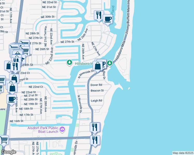 map of restaurants, bars, coffee shops, grocery stores, and more near 3421 Norfolk Street in Pompano Beach
