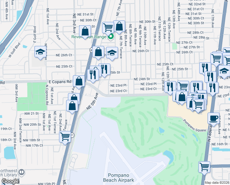 map of restaurants, bars, coffee shops, grocery stores, and more near 630 Northeast 23rd Court in Pompano Beach