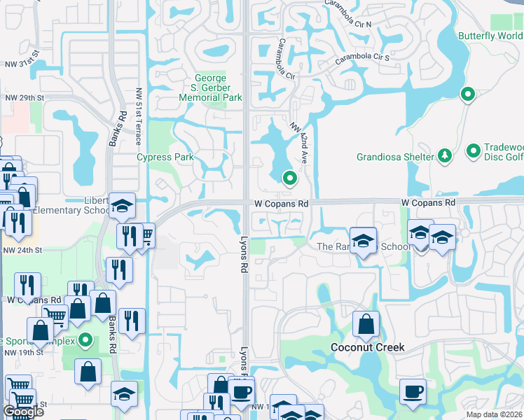map of restaurants, bars, coffee shops, grocery stores, and more near 4424 Cordia Circle in Coconut Creek