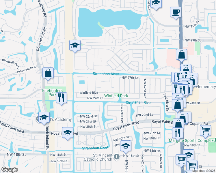map of restaurants, bars, coffee shops, grocery stores, and more near 6501 Winfield Boulevard in Margate