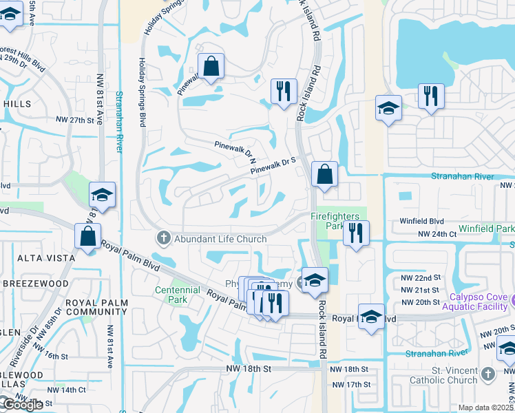 map of restaurants, bars, coffee shops, grocery stores, and more near 7424 Pinewalk Drive South in Margate