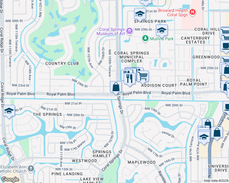 map of restaurants, bars, coffee shops, grocery stores, and more near 2300 Coral Springs Drive in Coral Springs