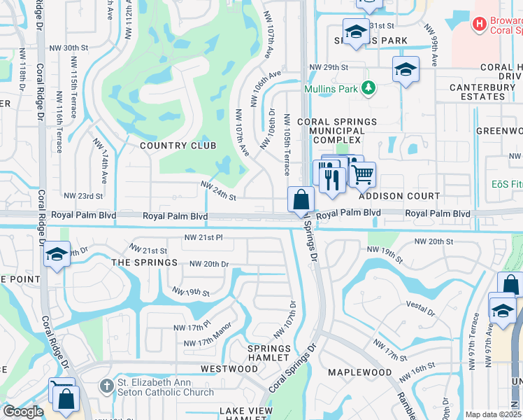 map of restaurants, bars, coffee shops, grocery stores, and more near 10795 Royal Palm Boulevard in Coral Springs