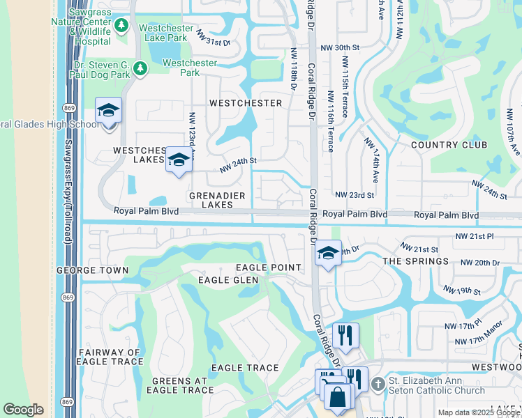 map of restaurants, bars, coffee shops, grocery stores, and more near 11865 Royal Palm Boulevard in Coral Springs