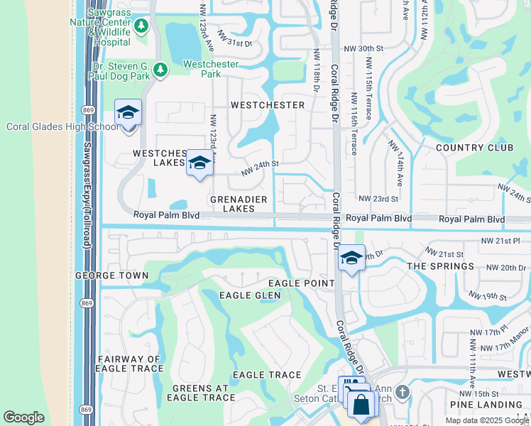 map of restaurants, bars, coffee shops, grocery stores, and more near 11865 Royal Palm Boulevard in Coral Springs