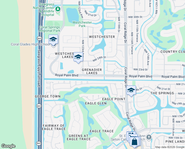 map of restaurants, bars, coffee shops, grocery stores, and more near 12030 Royal Palm Boulevard in Coral Springs