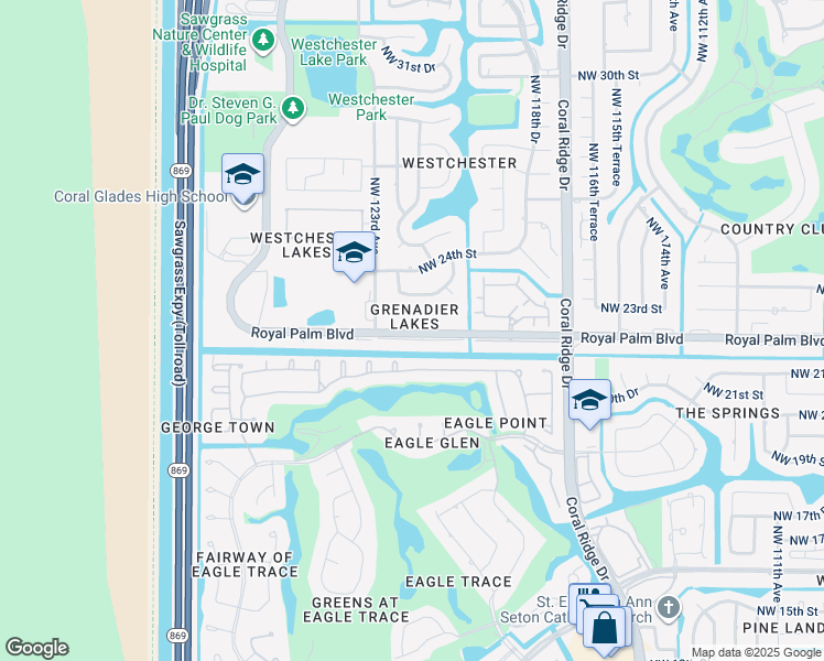 map of restaurants, bars, coffee shops, grocery stores, and more near 12236 Royal Palm Boulevard in Coral Springs