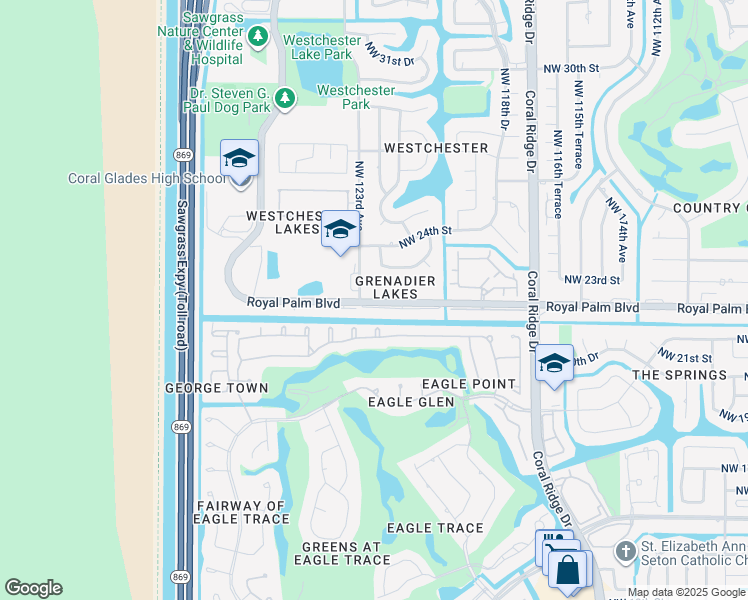 map of restaurants, bars, coffee shops, grocery stores, and more near 12236 Royal Palm Boulevard in Coral Springs