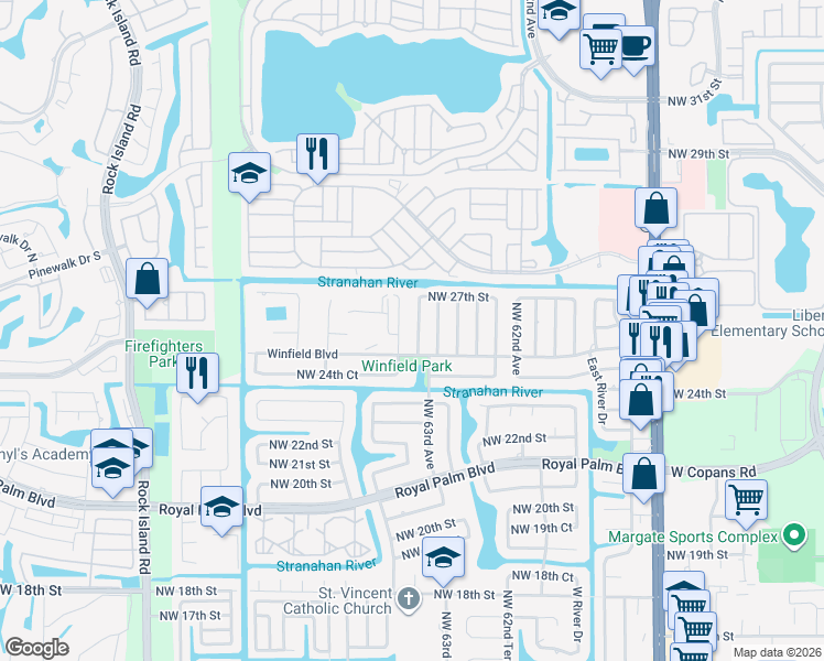 map of restaurants, bars, coffee shops, grocery stores, and more near 2581 Northwest 64th Terrace in Margate